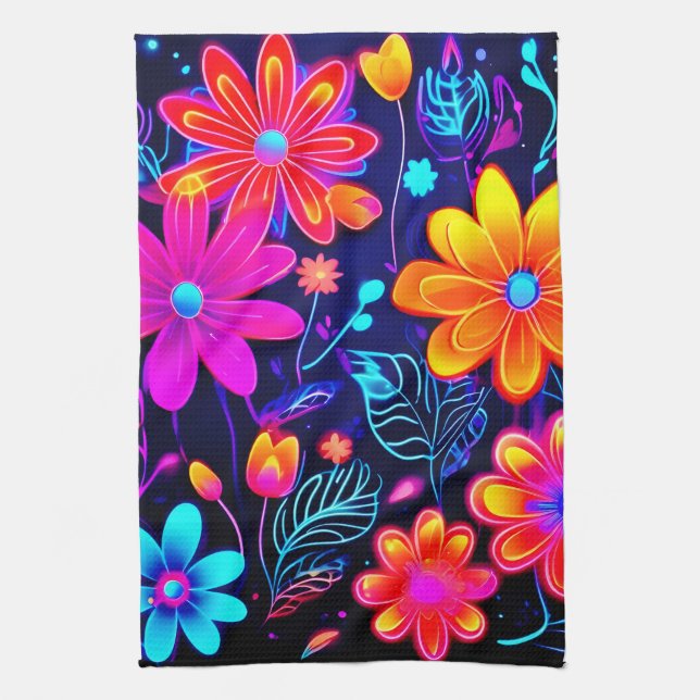 Neon Floral Fantasy Kitchen Towel (Vertical)
