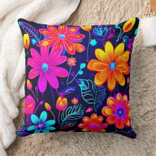Neon Floral Fantasy Throw Pillow