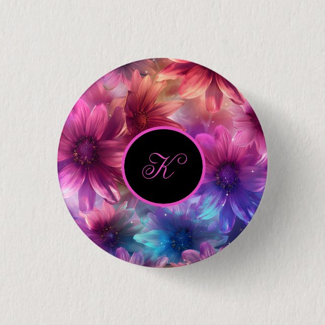 Neon Floral Pattern with Monogram  Button (Front)