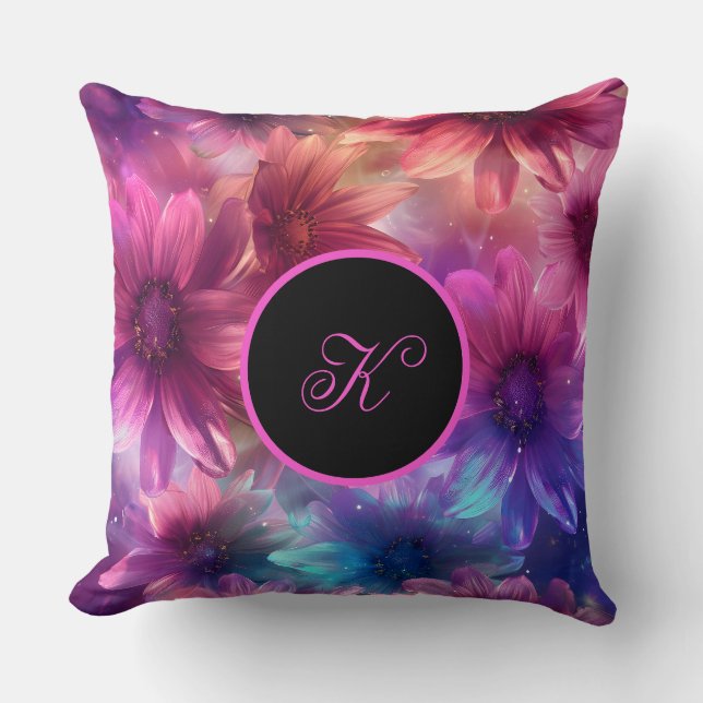 Neon Floral Pattern with Monogram  Throw Pillow (Front)