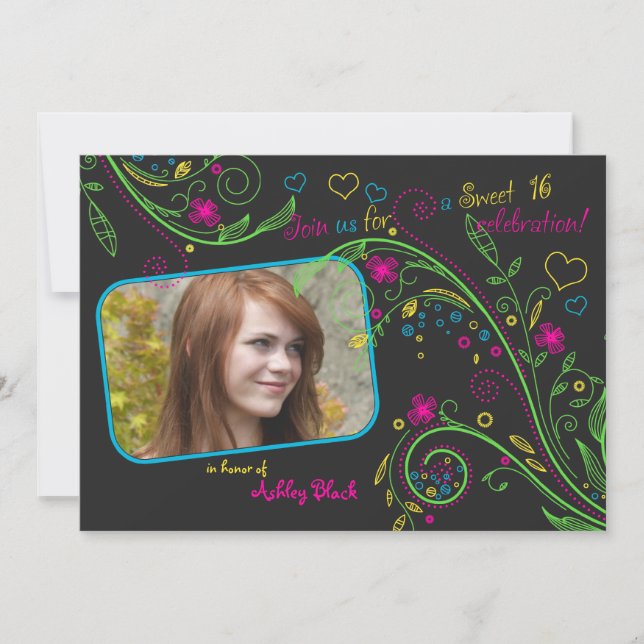 Neon Floral Photo Sweet 16 Birthday Invitation (Front)