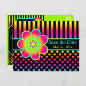 Neon Floral Stripes Bat Mitzvah Save the Date Card (Front/Back)