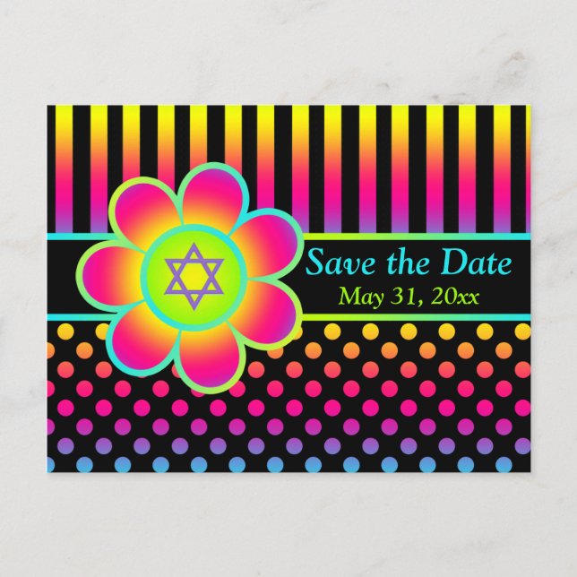 Neon Floral Stripes Bat Mitzvah Save the Date Card (Front)