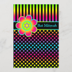 Neon Floral Stripes, Polka Dots Bat Mitzvah Invite