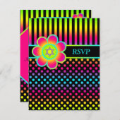 Neon Floral Stripes, Polka Dots Bat Mitzvah RSVP Invitation (Front/Back)