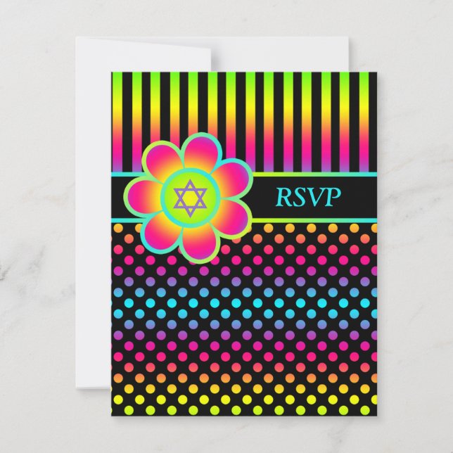 Neon Floral Stripes, Polka Dots Bat Mitzvah RSVP Invitation (Front)