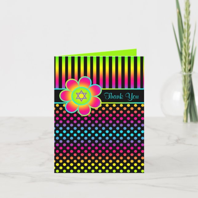Neon Floral Stripes, Polka Dots Thank You Card (Front)