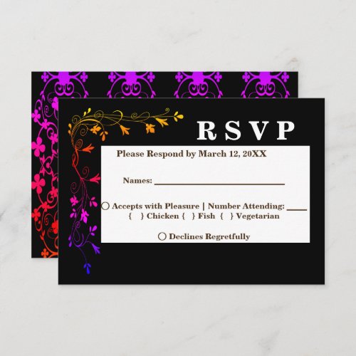 Neon Floral Vines on Black Background RSVP Menu Invitation
