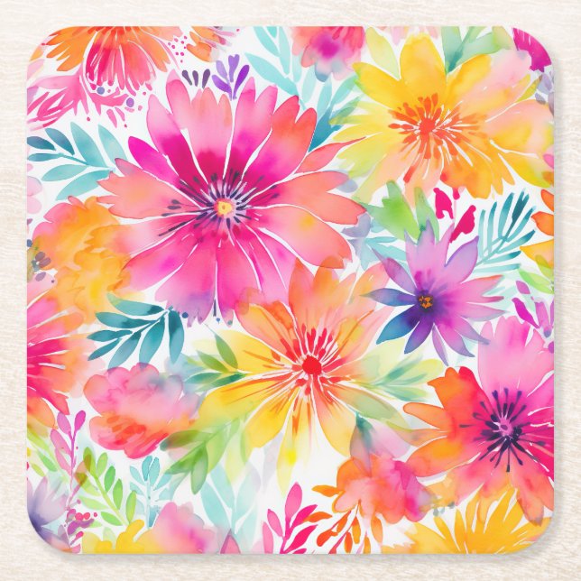 Neon Floral Watercolor Party Square Paper Coaster (Front)