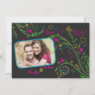 Neon Floral Wedding Photo Save the Date Card