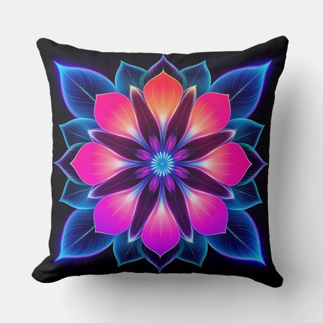 🌸 Neon Flower Blue Light Abstract Room 🌙 Throw Pillow (Front)