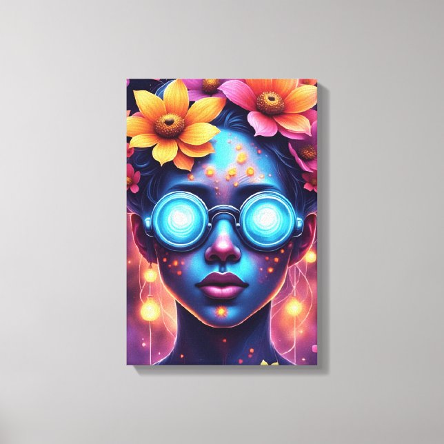 Neon Flower Goddess – Futuristic Fantasy Portrait Canvas Print (Front)