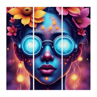 Neon Flower Goddess – Futuristic Fantasy Portrait Triptych