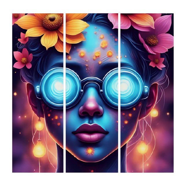 Neon Flower Goddess – Futuristic Fantasy Portrait Triptych (Front)