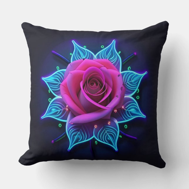 Neon Flower with Blue Light Patterns Throw Pillow (Front)