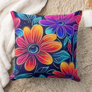 Neon Flowers Bloom Bright Throw Pillow