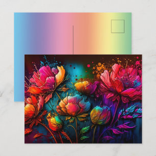 Neon flowers, colorful, bouquet, ink splatter postcard