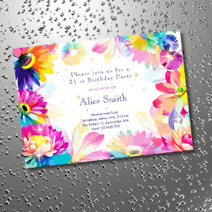 Neon Flowers garden watercolor birthday Invitation