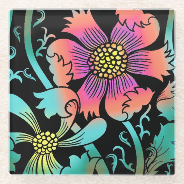 Neon Flowers Glass Coaster (Front)