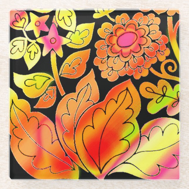 Neon Flowers Glass Coaster (Front)