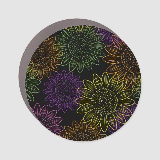 Neon Flowers On Black Car Magnet (Front)