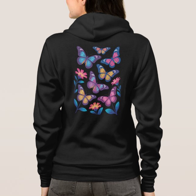 Neon Flowers with Six Glowing Butterflies Hoodie (Back)