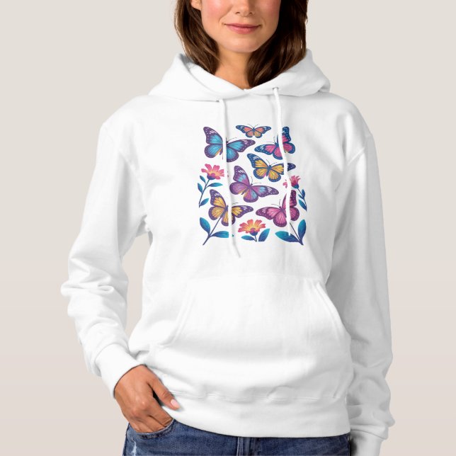 Neon Flowers with Six Glowing Butterflies Hoodie (Front)