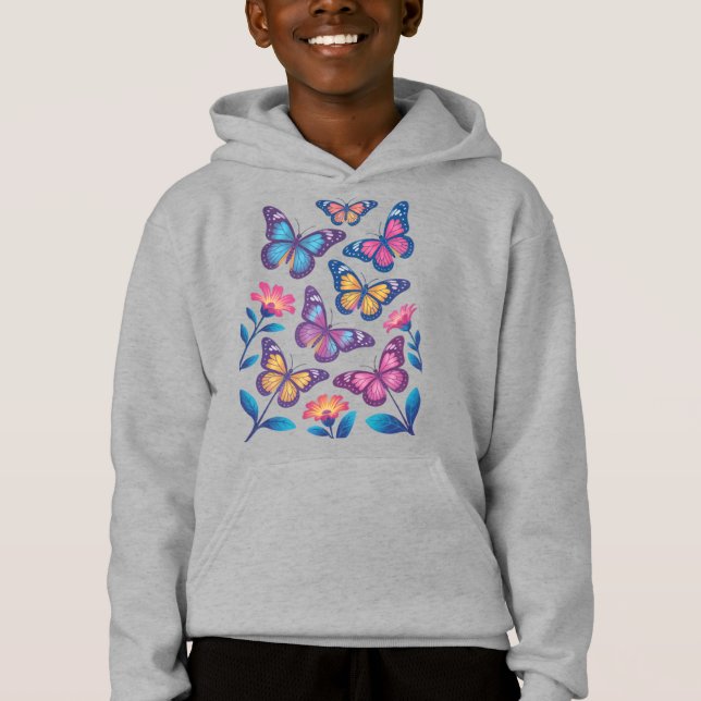 Neon Flowers with Six Glowing Butterflies Hoodie (Front)