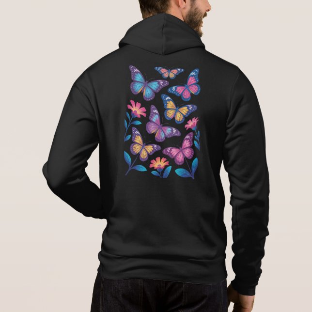 Neon Flowers with Six Glowing Butterflies Hoodie (Back)