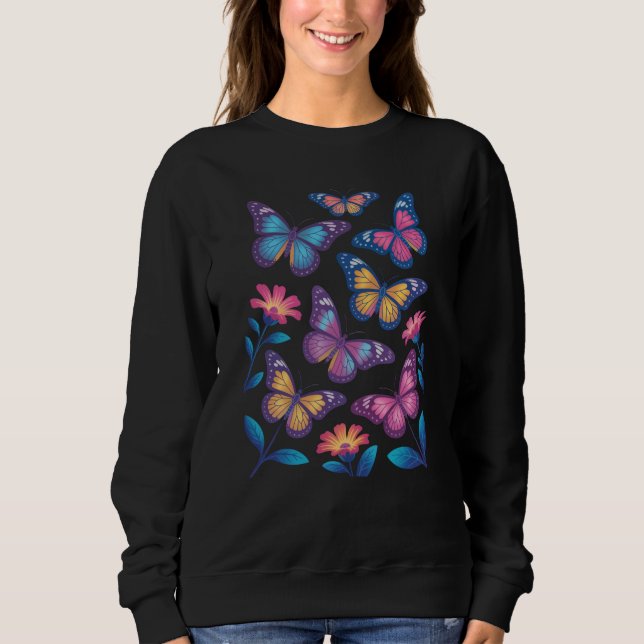 Neon Flowers with Six Glowing Butterflies Sweatshirt (Front)