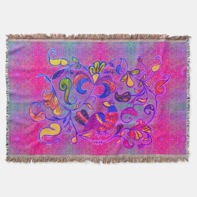 Neon Folk Art Rosemaling Bird & Leaves Throw Blanket (Front)