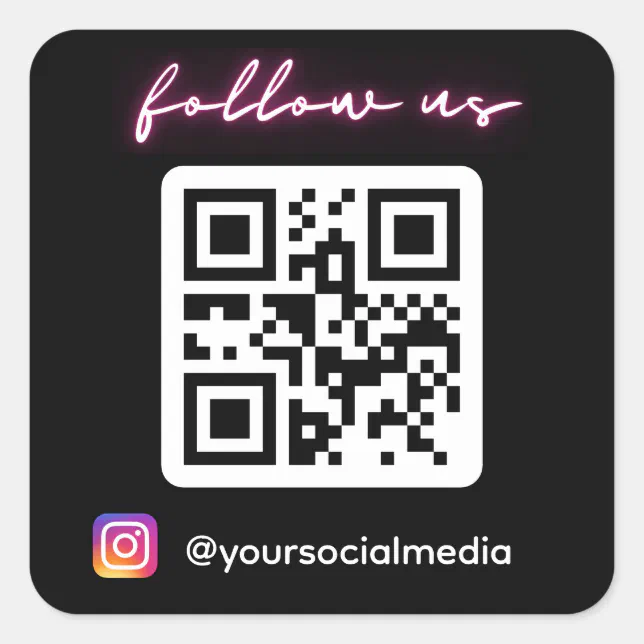 Neon Follow Us on Instagram QR Code Social Media Square Sticker Zazzle