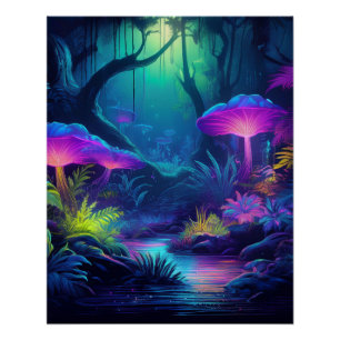 Neon Forest with Glowing Mushrooms and Plants Poster