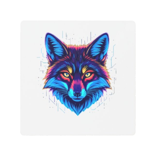 Neon Fox Face – Vibrant Glowing Design Metal Print (Front)