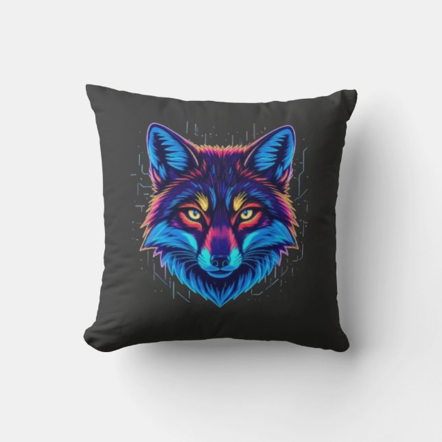 Neon Fox Face – Vibrant Glowing Design Throw Pillow (Front)