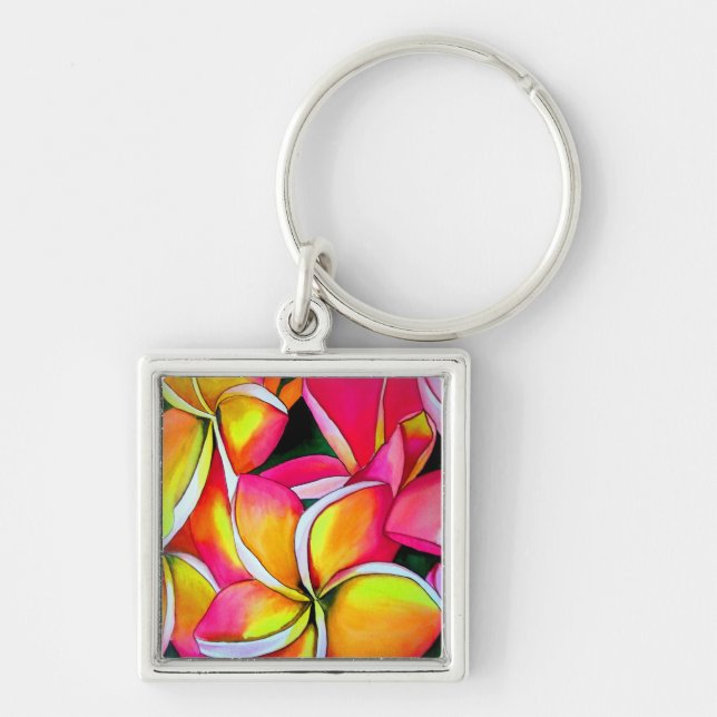 Neon Frangipani flower art Plumeria Keychain (Front)