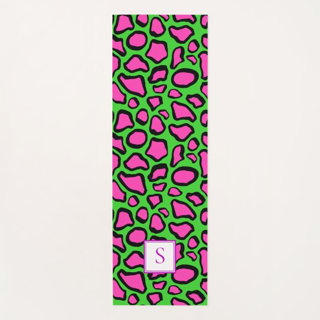 Neon Frog Green Purple Monogram Personalized Yoga Mat (Front)