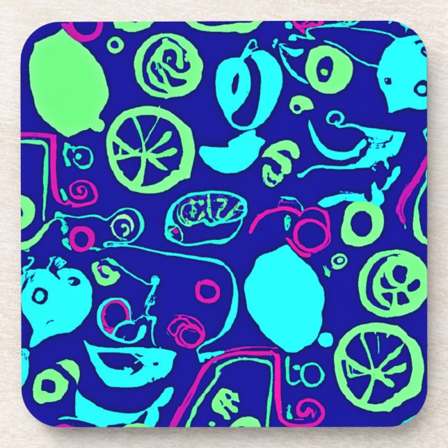 Neon Fruits Pattern Art Beverage Coaster (Front)