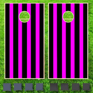 Neon Fuchsia & Black Cool Vintage Striped Cornhole Set