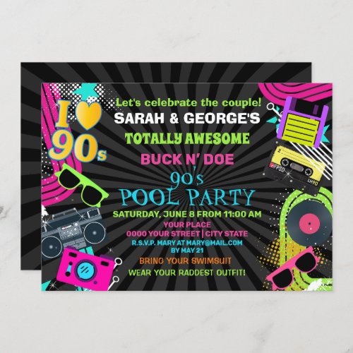 Neon Fun Couples Totally Awesome 90s Pool Party   Invitation