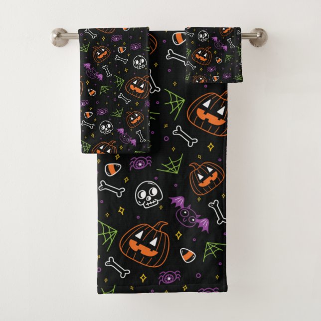 Neon Fun Halloween Pattern Bath Towel Set (Insitu)