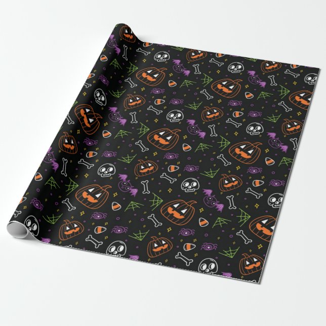 Neon Fun Halloween Pattern Wrapping Paper (Unrolled)