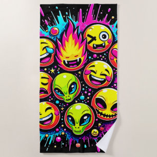 Neon Funky Emoji Mix Beach Towel