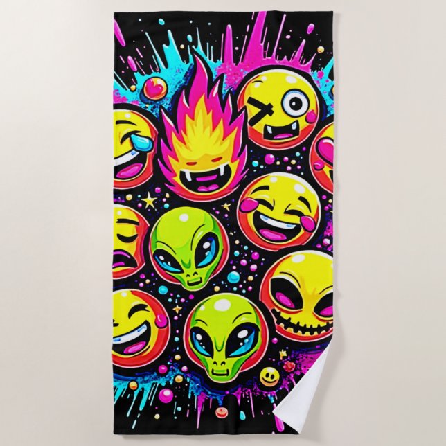 Neon Funky Emoji Mix Beach Towel (Front)