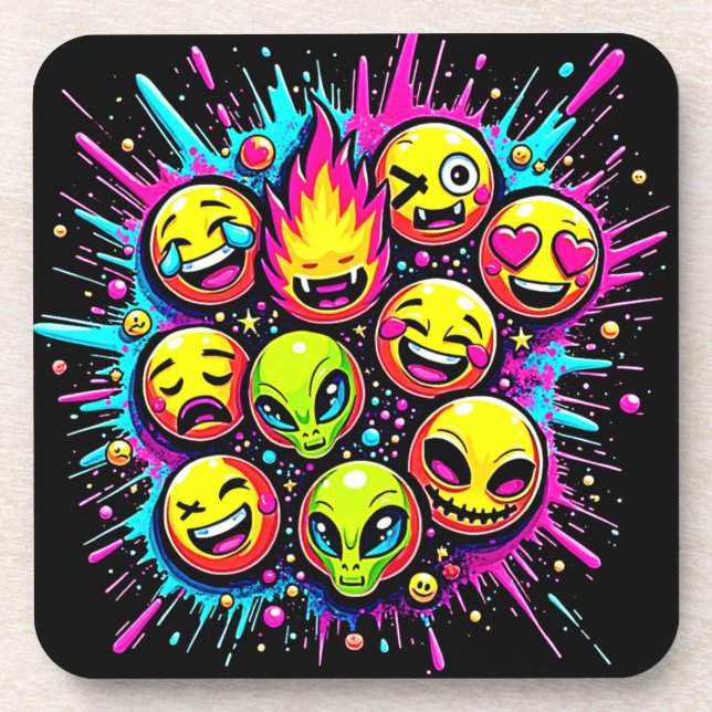 Neon Funky Emoji Mix Beverage Coaster (Front)