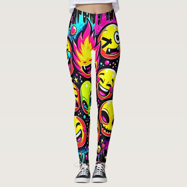 Neon Funky Emoji Mix Leggings (Front)