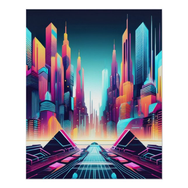 Neon Futuristic Cyber City Art Poster (Front)
