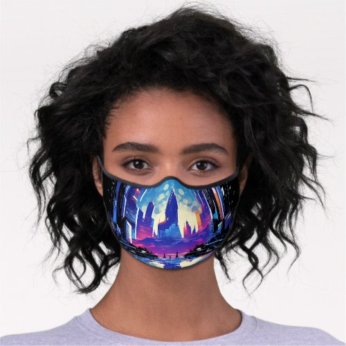 Neon Futuristic CyberScape Skyline Premium Face Mask