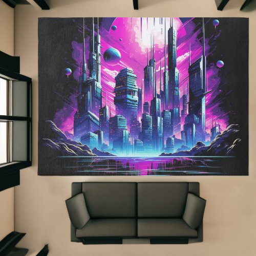 Neon Futuristic CyberScape Skyline Rug