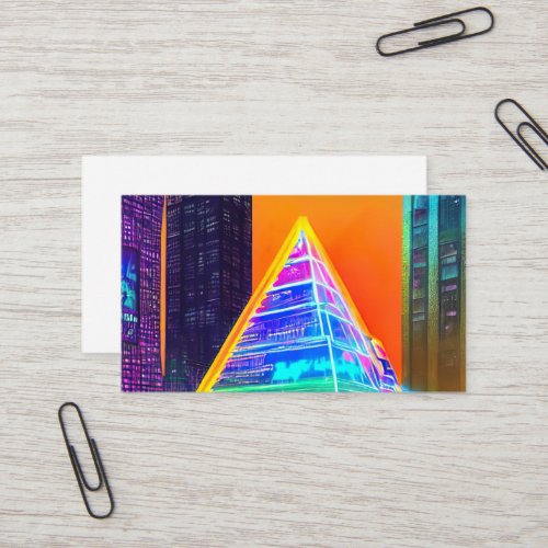 Neon Futuristic hologram Pyramid in Modern City Business Card